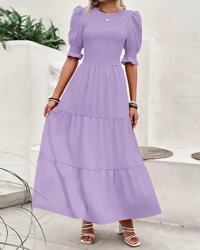 Vista 140 de BTFBM Vestidos para mujer, cuello redondo, casual, de verano, con volantes, manga corta, bohemio, con niveles, fruncido, largo, con estampado floral