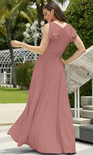 Vista 4 de KOH KOH Vestido largo de dama de honor sin mangas con cuello en V para mujer