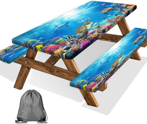 Vista 55 de Funda para Mesa de Picnic con Fundas para Bancos y Bolsa, Campista de Madera Impermeable Resistente al Viento, Cubierta de Mantel Ajustada con Borde