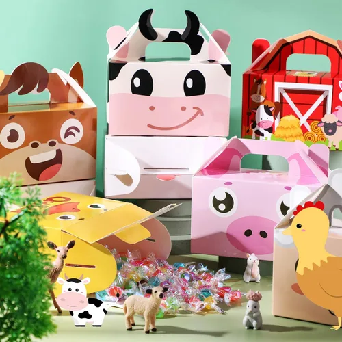 Vista 4 de Tallew Paquete de 24 cajas de regalo de fiesta de animales de granja, bolsas grandes de dulces de granero, cajas de regalo de regalo de feliz