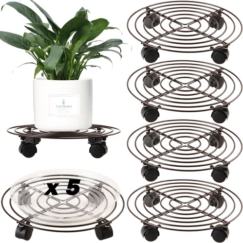 Vista 10 de Paquete de 3 organizadores grandes de metal para plantas con ruedas de 13.8 pulgadas, soporte rodante resistente con ruedas para macetas