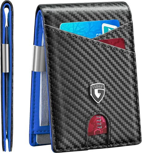 Vista 21 de GSOIAX Cartera delgada de cuero plegable RFID para hombre, billetera minimalista con bolsillo frontal con clip para dinero, 12 ranuras para Negro