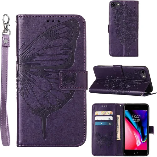 Vista 12 de Funda tipo cartera para iPhone 6/6S/7/8/SE 2022/SE 2020 (negro) Butterfly Floral Embossed Pattern, Wrist Strap, PU Leather, Card Holder Slots