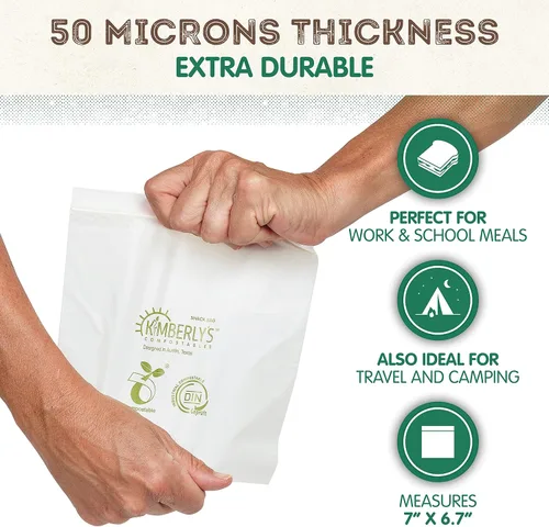 Vista 2 de KC's - Bolsas compostables para sándwiches y aperitivos – 50 unidades, 7 x 6.7 pulgadas, bolsas resellables extragruesas de 50 µm de almidón de maíz