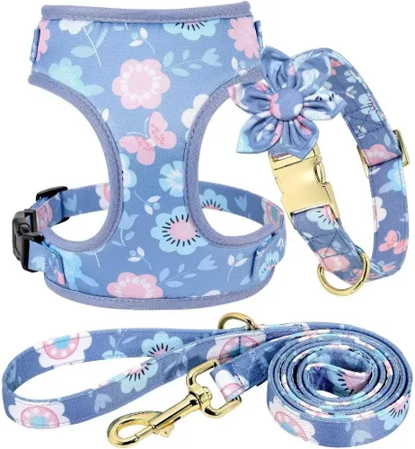 Vista 9 de Beirui Lindo juego de collares, arneses y correas para perro hembra, juego de collar y correa ajustable con flor - Arnés de malla suave para Azul