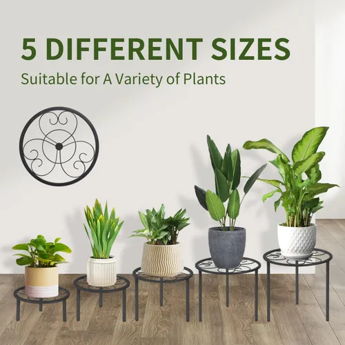 Vista 3 de Juego de 5 estantes de metal para plantas en maceta, estantes resistentes para plantas de diferentes tamaños, estantes de flores de hierro