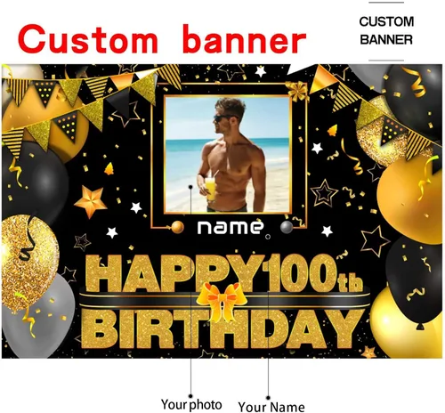 Vista 2 de Cartel decorativo personalizado de feliz cumpleaños número 100 - Personalización disponible - Negro y dorado - Tamaño grande - Admite fotos