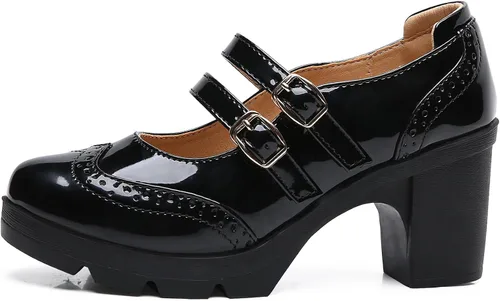 Vista 5 de DADAWEN Zapatos de tacón grueso de bloque bajo para mujer, estilo Mary Jane, con puntera cerrada, cómodos, punta redonda, Oxford, zapatos de boda