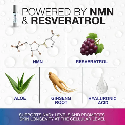 Vista 3 de NMN + suero facial de resveratrol – Renovación celular y fórmula antienvejecimiento con ácido hialurónico, aloe y ginseng – Boost NAD+, hidrata