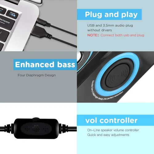 Vista 9 de RECCAZR SP2040 Altavoces de computadora envolvente con graves profundos USB con cable multimedia altavoz para PC/portátiles/teléfono inteligente