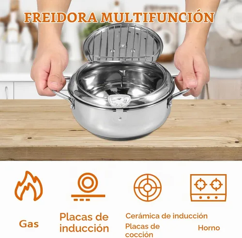 Vista 4 de Olla de 8.2 pulgadas de profundidad con cesta coladora y termómetro, olla profunda de acero inoxidable con asa, mini freidora de aceite