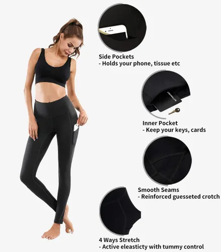 Vista 4 de Lingswallow - Pantalones deportivos de tiro alto para yoga, diseño elástico en 4 direcciones con control de abdomen y bolsillos, leggings