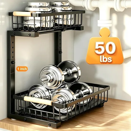 Vista 6 de REALINN Organizador para debajo del fregadero, almacenamiento de armario extraíble de 2 niveles de altura ajustable, organizador de cajones