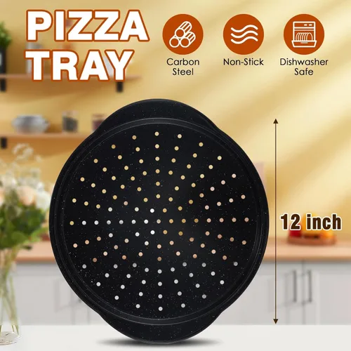 Vista 2 de hunnycook 2P sartenes para pizza antiadherentes - Bandeja redonda de pizza de 12" con agujeros y asa, sartén de pizza de acero al carbono