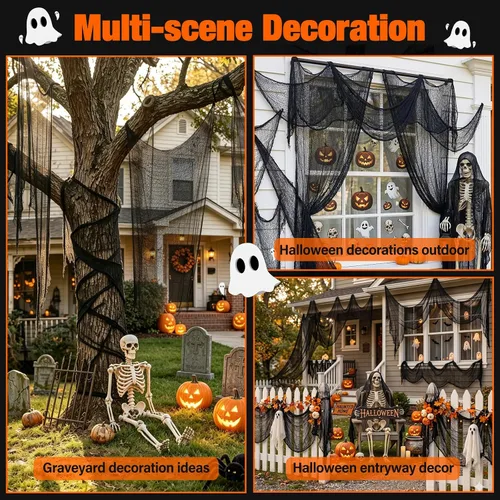 Vista 6 de Halatool 6 Pack Creepy Cloth 30x72 Inch, Black Cheesecloth Gauze for Halloween Haunted House Decorations, Spooky Outdoor Yard Window Porch Tree