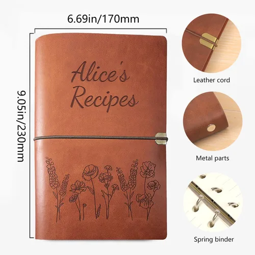 Vista 3 de Libro de recetas de cuero hecho a mano, cuaderno personalizado con nombre grabado, libros de cocina familiares personalizados, aniversario