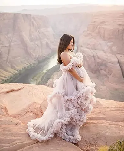 Vista 4 de Vestidos de maternidad de tul para sesión de fotos, bata de novia larga transparente con hombros descubiertos, vestidos de embarazo para mujeres