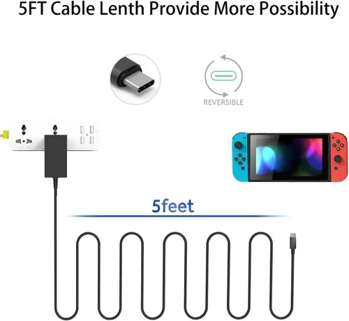 Vista 2 de Cargador para Nintendo Switch, adaptador de CA compatible con Switch OLED y Switch Lite, fuente de alimentación de 15 V2.6 A, modo de TV, cable