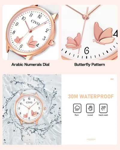 Vista 5 de CIVO Reloj de pulsera para mujer, correa de cuero, analógico, de cuarzo, impermeable, de moda, simple, fácil de leer, con exquisito dial de mariposa