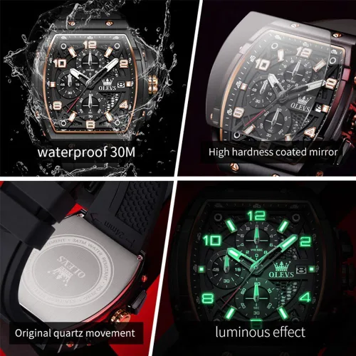 Vista 9 de OLEVS Reloj para hombre de lujo de cara grande negro relojes de pulsera de silicona cuadrado multifuncional vestido impermeable cronógrafo analógico
