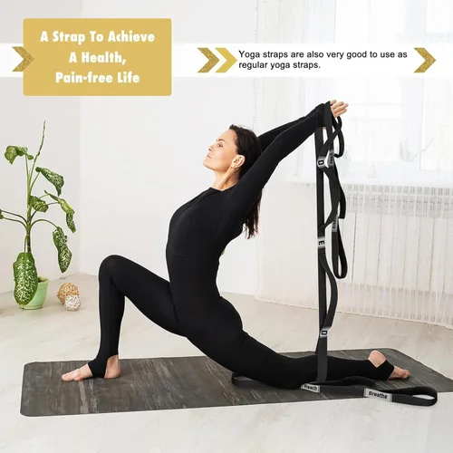 Vista 4 de Correa elástica para yoga, no elástica, con letras y comentarios, 10 bucles para terapia física, ejercicio, pilates, baile, gimnasia