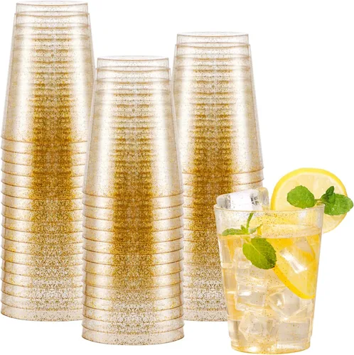 Vista 13 de I00000 100 vasos de plástico dorados, vasos de plástico transparente de 10 onzas con borde dorado, tazas de cerveza, taza dura desechable
