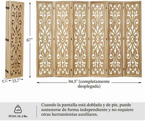 Vista 4 de Svimi - Divisor de habitación de 5.6 pies, pantalla de privacidad plegable de 6 paneles, exótico natural Natural - Exótico