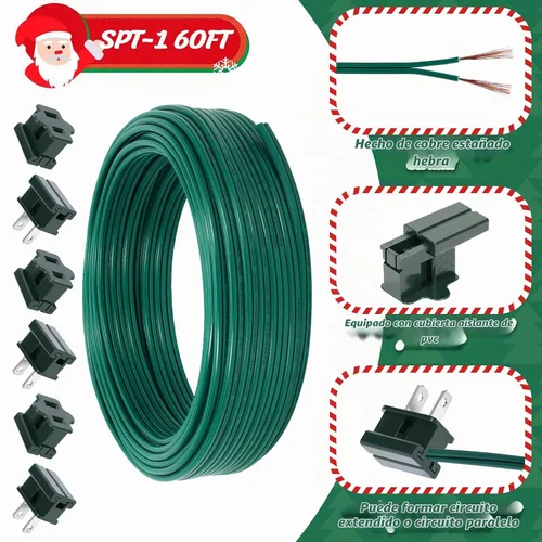 Vista 2 de Cable eléctrico de Navidad SPT-1 de 60 pies con 6 enchufes de vampiro, cable de calibre 18, cable eléctrico de 2 conductores, cable de bajo voltaje