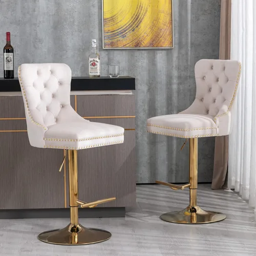 Vista 21 de Juego de 2 modernos taburetes de bar giratorios ajustables, sillas de bar copetudas de terciopelo beige con respaldo y ribete de cabeza de clavo