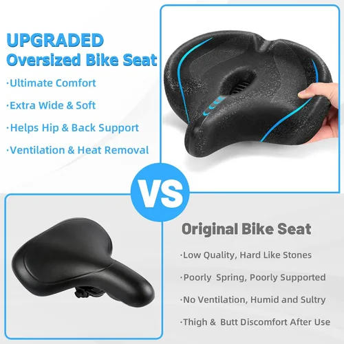 Vista 5 de CDYWD Asiento de bicicleta de gran tamaño para hombres y mujeres, cojín de asiento de bicicleta extra ancho, cómodo acolchado suave, asiento de Azul