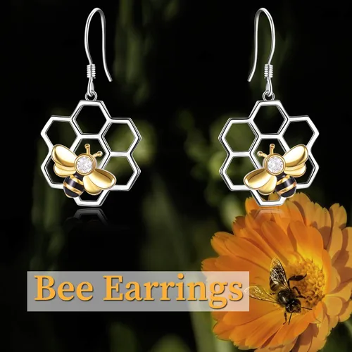 Vista 6 de LUHE Aretes de panal con abeja, plata de ley 925, aretes de abeja y colmena para mujer (aretes de abeja)