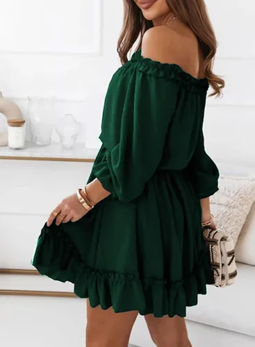 Vista 2 de Dokotoo Vestido de primavera 2024 con volantes y hombros descubiertos para mujer, manga larga, cintura elástica, acampanado, casual, mini vestidos