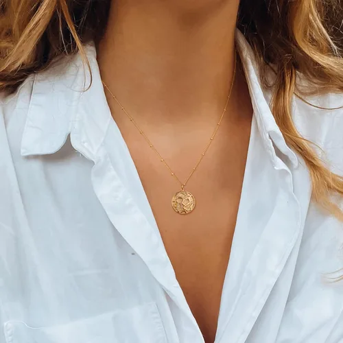Vista 3 de MTMY Collar de moneda de oro de 14 quilates, chapado en oro de 14 quilates, delicado collar con dije de moneda de oro para mujer, collar de disco