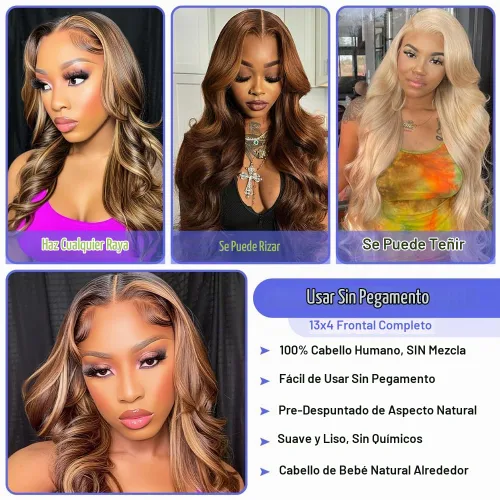 Vista 6 de Pelucas de encaje frontal de 13x4 Highlight Ombre de cabello humano ondulado 4/27 color rubio miel 9A sin pegamento HD encaje frontal transparente
