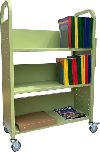Vista 3 de Workington Carrito de libros con 3 estantes planos, carrito de libros de biblioteca con ruedas giratorias bloqueables 3001, verde manzana