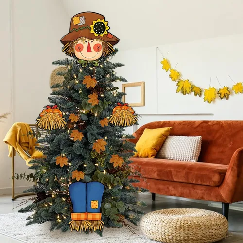 Vista 5 de Decoración para árbol de Navidad de espantapájaros para cabeza, manos y piernas, cosecha de otoño, decoración de árbol de granja, decoración