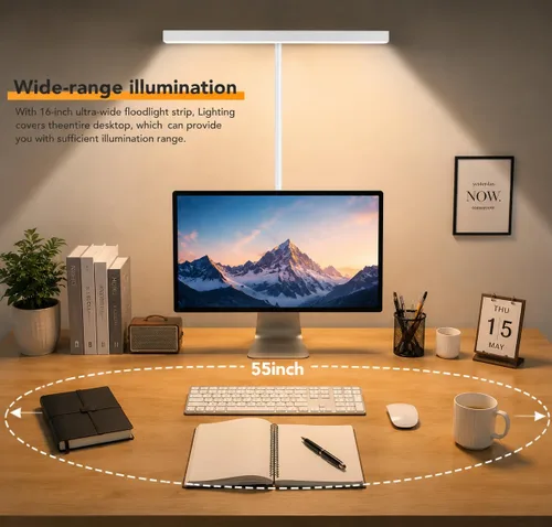 Vista 4 de Lámpara de escritorio LED para oficina y hogar, lámpara para el cuidado de los ojos con función de control remoto de 10 metros, 5 modos, 10 niveles