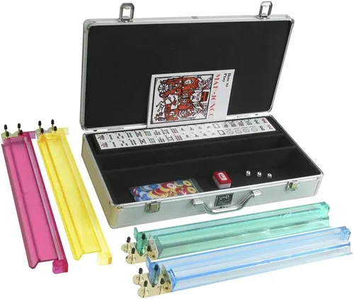 Vista 2 de Set - Azulejos blanco/burdeos, brazos de empuje clásicos - Caja Mahjong de aluminio plateado