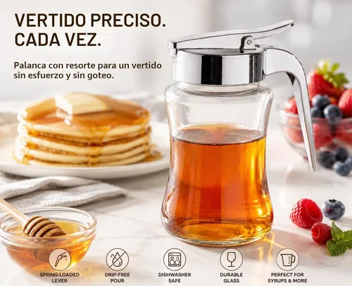 Vista 2 de J&M Design Botella dispensadora de jarabe de vidrio para jarabe de arce, tarro dispensador de azúcar con asa para panqueques, café, cuenco