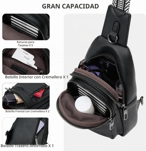 Vista 7 de Riñonera antirrobo para mujer, pequeña cangurera de piel Negro-b