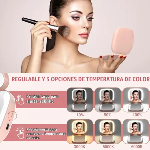 Vista 2 de MY BEAUTY LIGHT Espejo compacto brillante con luz de aumento recargable duradera 1X/3X, espejo de maquillaje de viaje de 3000K-6000K con luces