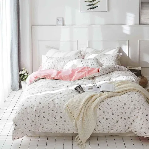 Vista 2 de Faincy Juego de edredón floral de tamaño individual, diseño de hojas de flores rosas y blancas, juego de cama alternativo reversible preppy, edredón