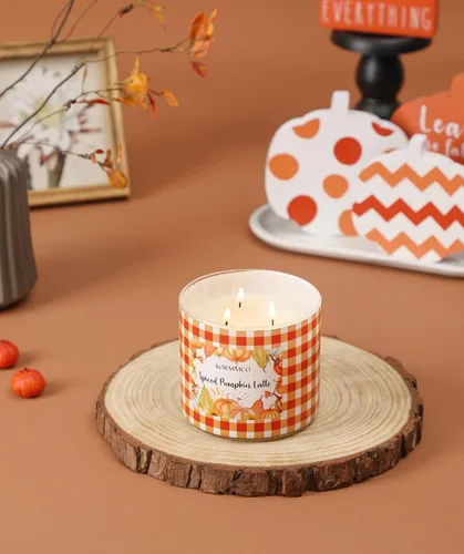 Vista 6 de Vela con leche de calabaza especiada, vela perfumada de otoño, vela grande de 3 mechas, 14 onzas