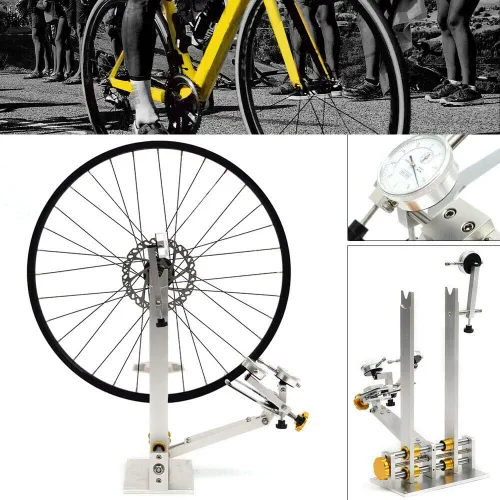 Vista 2 de Soporte de rueda para mantenimiento profesional con 3 calibres, herramientas de reparación de bicicletas, acepta ruedas de 13 a 38 pulgadas
