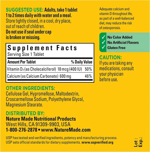 Vista 5 de Nature Made Calcio 600 mg con Vitamina D3, Suplemento Dietético para Apoyo Óseo, 60 Tabletas Suplemento de calcio para la salud ósea, suplemento