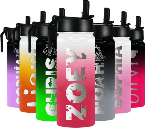Vista 19 de Botella de agua personalizada para niños con tapa de popote en azul aguamarina degradado para la escuela, nombre personalizado para niños, 18 onzas