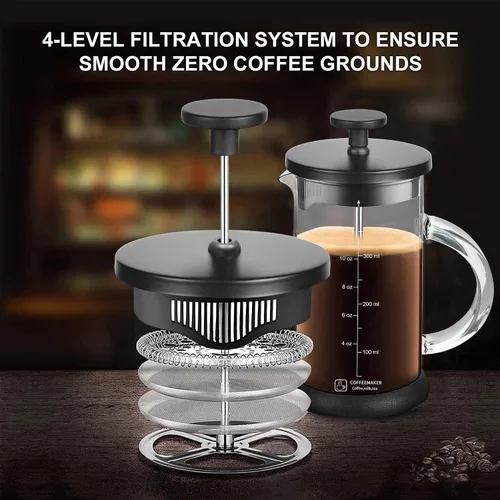 Vista 3 de YMMIND Cafetera de prensa francesa de 12 onzas, cafetera de té espresso con sistema de 4 filtros, émbolo de acero inoxidable y vidrio de Negro