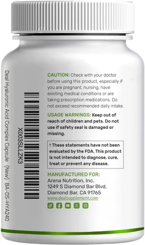 Vista 8 de DEAL SUPPLEMENT Complejo de ácido hialurónico 1,500 mg - 240 cápsulas, con MSM y vitamina C