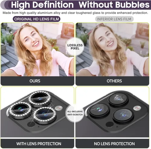 Vista 5 de Suoman Protector de lente de cámara para iPhone 14 Pro Max / 14 Pro, [Diamantes Bling] vidrio templado 9H, cubierta protectora de metal de cobertura