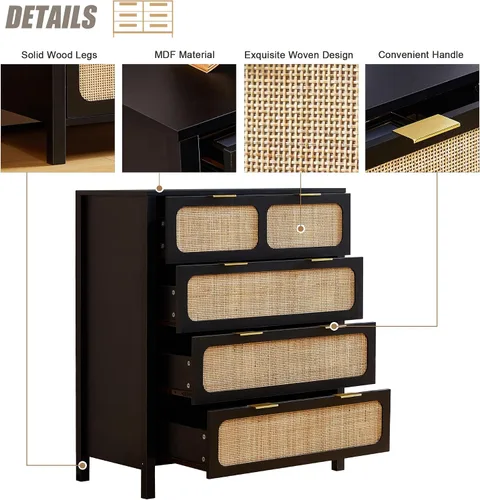 Vista 7 de LEVNARY Cómoda de 4 cajones para dormitorio, cajones de ratán con asas de metal, cómoda de madera para dormitorio, entrada, sala de estar, pasillo